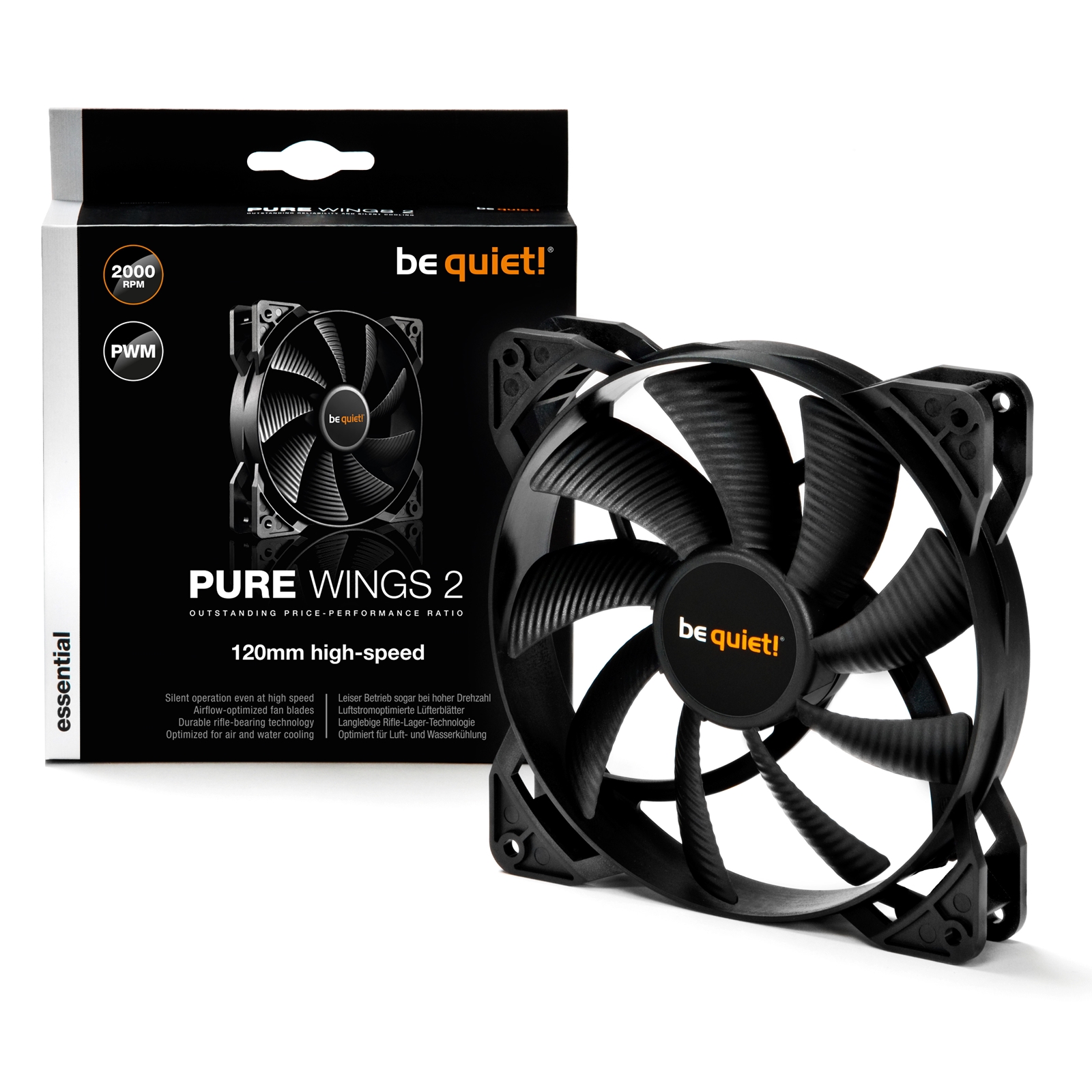 be quiet! Pure Wings 2 High Speed Black Fan, 120mm, 2000RPM, 4-Pin PWM Fan Connector, Black Frame, Black Blades, 9 Airflow-Optimized Fan Blades That Reduce Noise Generating Turbulence